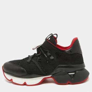 Pre Owned Christian Louboutin Black Neoprene and Leather Red Runner Sneakers Size 43