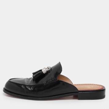 Pre Owned Christian Louboutin Black Patent Leather Mules Flat Sandals Size 45