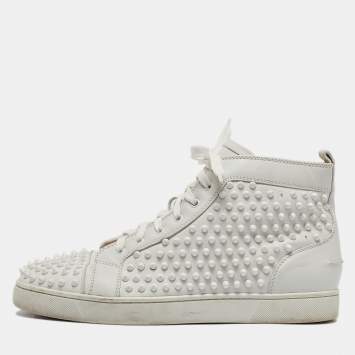 Pre Owned Christian Louboutin White Leather Louis Spikes High Top Sneakers Size 44.5