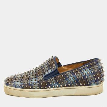 Christian Louboutin Blue Check Canvas Dandelion Spike Slip On Sneakers Size 41