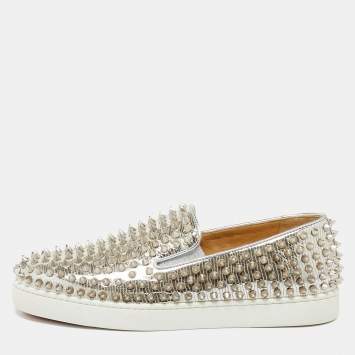 Pre Owned Christian Louboutin Metallic Silver Leather Roller Boat Slip On Sneakers Size 40