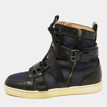 Pre Owned Christian Louboutin Navy Blue/Black Fabric and Leather High Top Sneakers Size 43