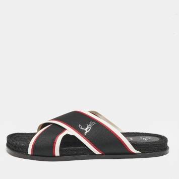 Pre Owned Christian Louboutin Black Canvas Hot Cross Flat Slides Size 43