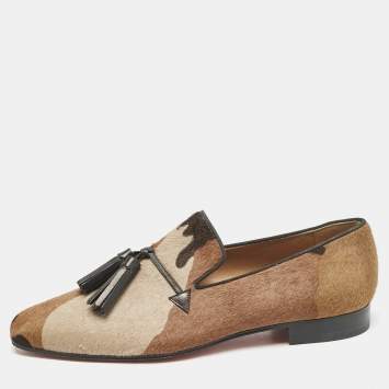 Christian Louboutin Brown Camo CalfHair Tassel Smoking Slippers Size 42