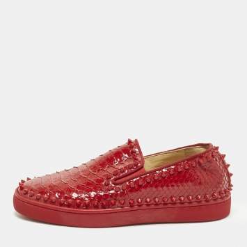 Pre Owned Christian Louboutin Roller Boat Spikes Size 40 Red Python Slip On Sneakers