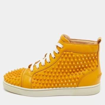 Pre Owned Christian Louboutin Yellow Leather Louis Spikes Lace Up Sneakers Size 40.5
