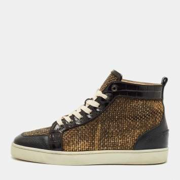 Pre Owned Christian Louboutin Beige/Black Raffia and Leather Rantus Orlato Sneakers Size 42