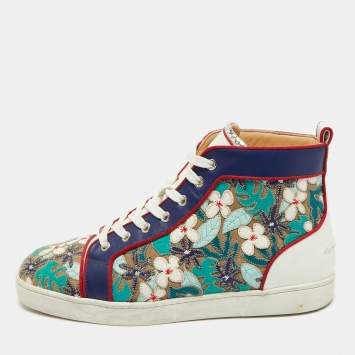 Pre Owned Christian Louboutin Multicolor Embroidered Suede and Leather Louis Patch High Top Sneakers Size 43