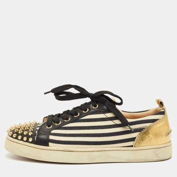 Pre Owned Christian Louboutin Black/Gold Canvas and Leather Louis Junior Spikes Sneakers Size 41