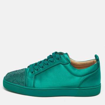 Pre Owned Christian Louboutin Green Satin Louis Orlato Lace Up Sneakers Size 42
