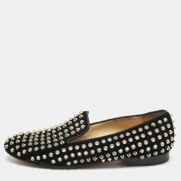 Pre Owned Christian Louboutin Black Velvet Rollerboy Spike Smoking Slippers Size 38