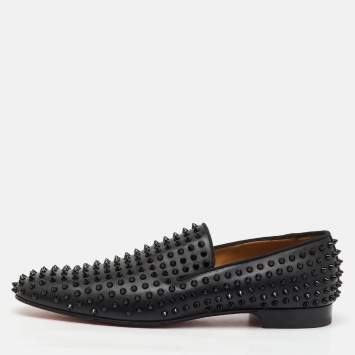Pre Owned Christian Louboutin Black Leather Dandelion Spikes Smoking Slippers Size 46