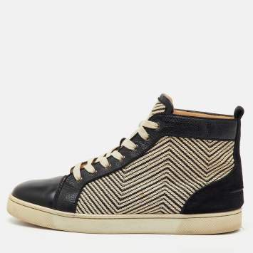 Pre Owned Christian Louboutin Black/Cream Leather and Woven Fabric Rantus Orlato High Top Sneakers Size 43.5