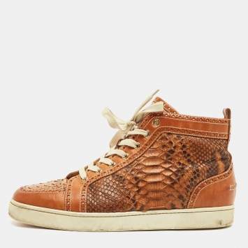 Pre Owned Christian Louboutin Louis Size 43 Beige Leather and Python Leather High Top Sneakers
