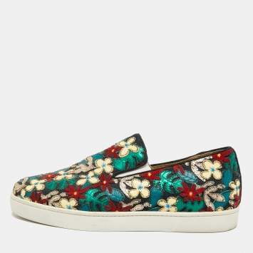 Pre Owned Christian Louboutin Size 42.5 Multicolor Canvas And Patent Leather Floral Applique Slip On Sneakers