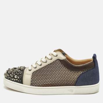 مملوكة مسبقًا Christian Louboutin Lou Spike Orlato Size 44 Multicolor Denim and Woven Leather Low Top Sneakers