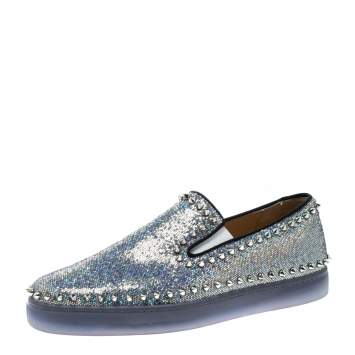 Pre Owned Christian Louboutin Glitter Disco Ball Spike Pik Boat Slip On Sneakers Size 42