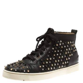 Pre Owned Christian Louboutin Black Leather Louis Spikes High Top Sneakers Size 41.5