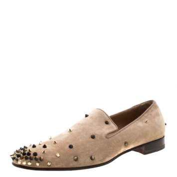 Pre Owned Christian Louboutin Beige Suede Spiked Loafers Size 42