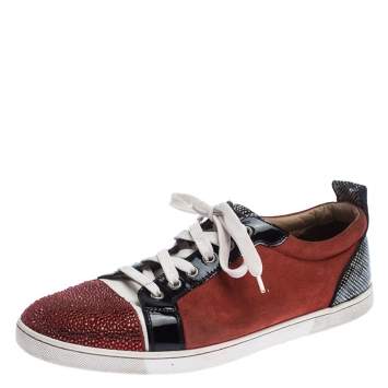 Pre Owned Christian Louboutin Red/Black Suede and Patent Leather Gondola Strass Low Top Sneakers Size 42