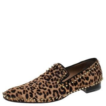 Pre Owned Christian Louboutin Leopard Print Calf Hair Spike Slip-On Size 42