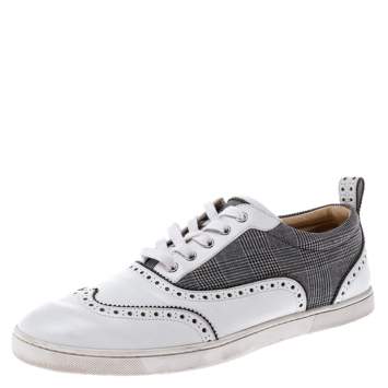 Pre Owned Christian Louboutin White Leather And Grey Check Canvas Brogue Low Top Sneakers Size 43