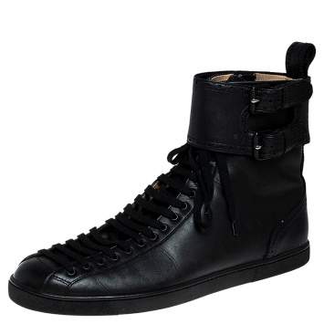 Pre Owned Christian Louboutin Black Leather Lace and Buckle High Top Sneakers Size 44.5