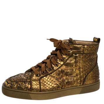 Pre Owned Christian Louboutin Metallic Bronze Python Leather Louis Orlato Lace Up Sneakers Size 42