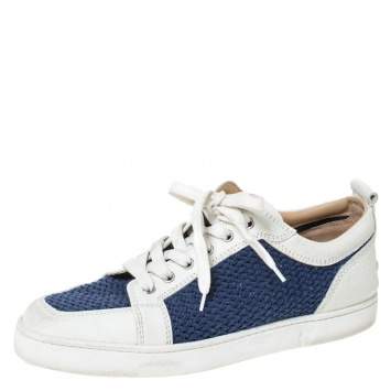 Pre Owned Christian Louboutin White/Blue Leather And Knit Fabric AC Rantulow Sneakers Size 43