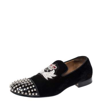 Pre Owned Christian Louboutin Black Velvet Harvanana Spiked Smoking Slippers Size 40