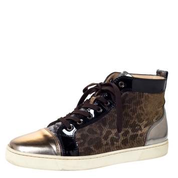 Pre Owned Christian Louboutin Metallic Bronze Leather and Leopard Lame Fabric Louis High Top Sneakers Size 45
