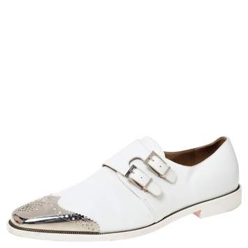 Pre Owned Christian Louboutin White Leather Vikram Double Monk Strap Loafers Size 45