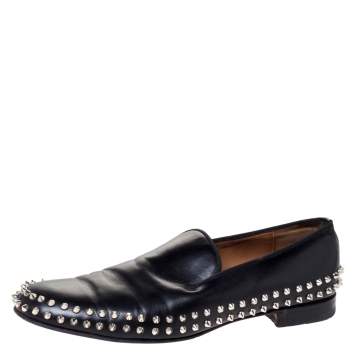 Pre Owned Christian Louboutin Black Leather Rollerboy Spikes Flat Size 44