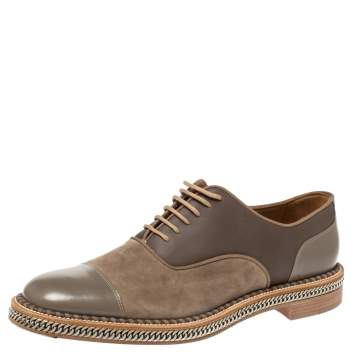 Pre Owned Christian Louboutin Grey Suede And Leather Chain Embellished Latcho Lace Up Oxfords Size 42