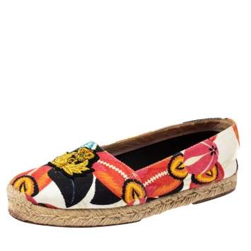 Pre Owned Christian Louboutin Multicolor Canvas Gala Embroidered Crest Espadrille Loafers Size 38