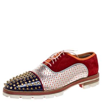 Pre Owned Christian Louboutin Multicolor Suede And Patent Leather Spike Toe Latcho Lace Up Oxfords Size 45
