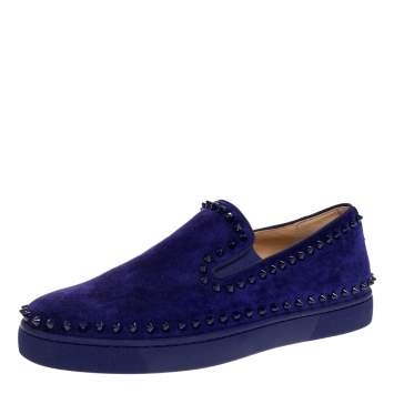 Pre Owned Christian Louboutin Blue Suede Spike Pik Boat Slip On Sneakers Size 40.5