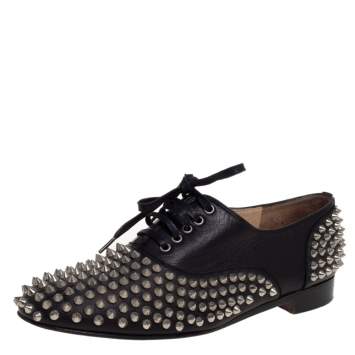 Pre Owned Christian Louboutin Black Leather 'Freddy' Spike Lace Up Oxfords Size 39.5