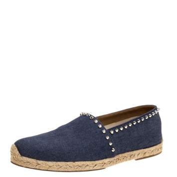 Pre Owned Christian Louboutin Blue Denim Melides Casa Spikes Espadrilles Flats Size 43