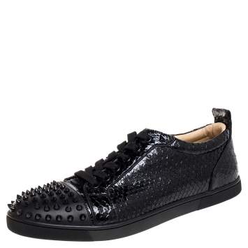 Pre Owned Christian Louboutin Black Shiny Python Louis Junior Spikes Sneakers Size 43.5