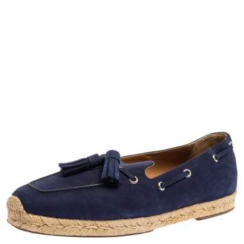 Pre Owned Christian Louboutin Blue Nubuck Leather Tassel Embellished Espadrilles Loafers Size 40