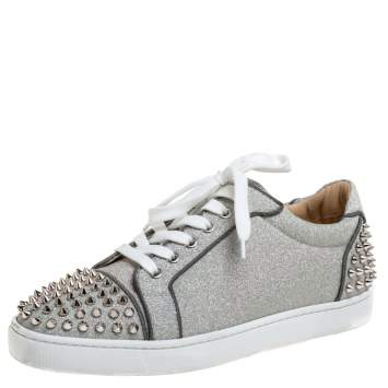 Pre Owned Christian Louboutin Metallic Silver Leather Vierissima Spikes Low Top Sneakers Size 39.5