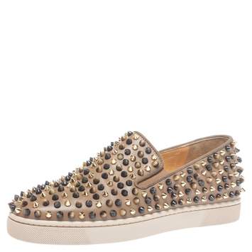 Pre Owned Christian Louboutin Brown Leather Roller Boat Spiked Slip On Sneakers Size 39