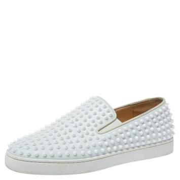 Pre Owned Christian Louboutin White Leather Roller Boat Spiked Slip On Sneakers Size 44.5