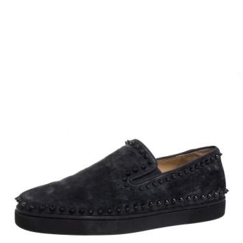 Pre Owned Christian Louboutin Black Suede Spike Pik Boat Slip On Sneakers Size 46