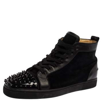 Pre Owned Christian Louboutin Black Suede And Patent Leather Louis Spikes Cap Toe High Top Sneakers Size 45