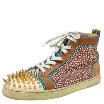 Pre Owned Christian Louboutin Multicolor Leopard Print Calfhair, Leather and Suede Bublle Spike Louis High Top Sneakers Size 45.5