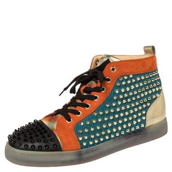 Pre Owned Christian Louboutin Multicolor Mesh And Suede Lou Spikes Orlato Sneakers Size 42.5