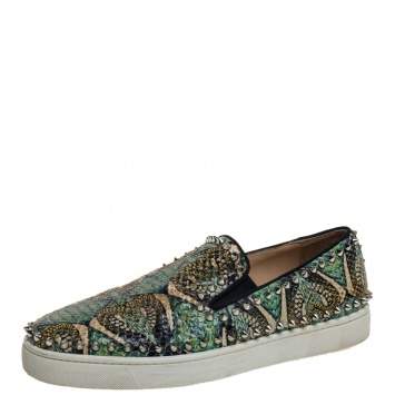 Pre Owned Christian Louboutin Green Python Leather Stud Sneakers Size 42