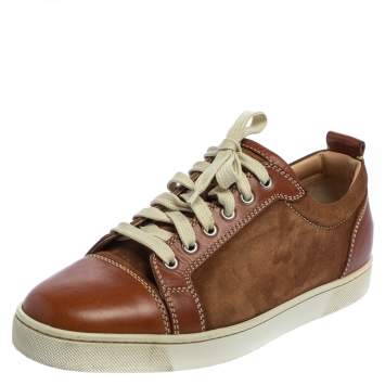 Pre Owned Christian Louboutin Brown Leather And Suede Louis Junior Low Top Sneakers Size 43